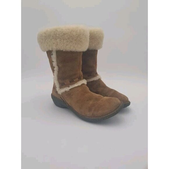 UGG Boots 8 Elijo Shearling Chestnut Brown Suede Cream 5674 Preowned Fast Ship - Picture 1 of 12